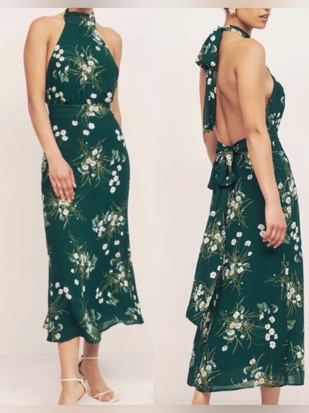 Reformation Lizbeth Midi Floral Dress Halter Open Back Green Tie Bow Size 0